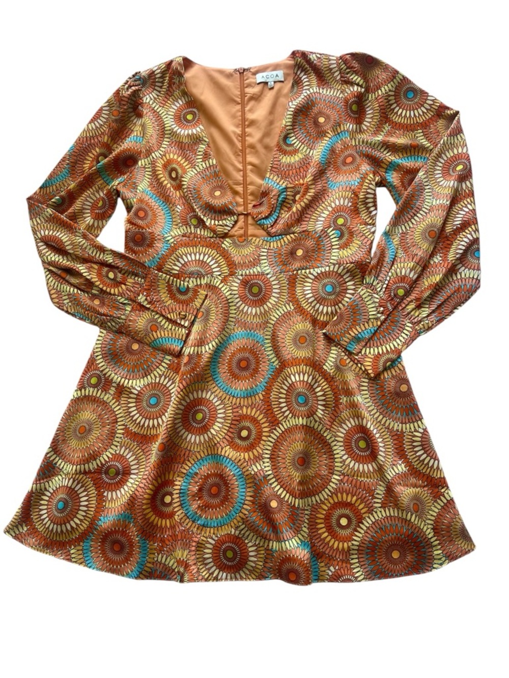 ACOA Retro 70s Psychedelic Flora Groovy Boho Mod Long Sleeve Mini Dress Sz L - Picture 2 of 12